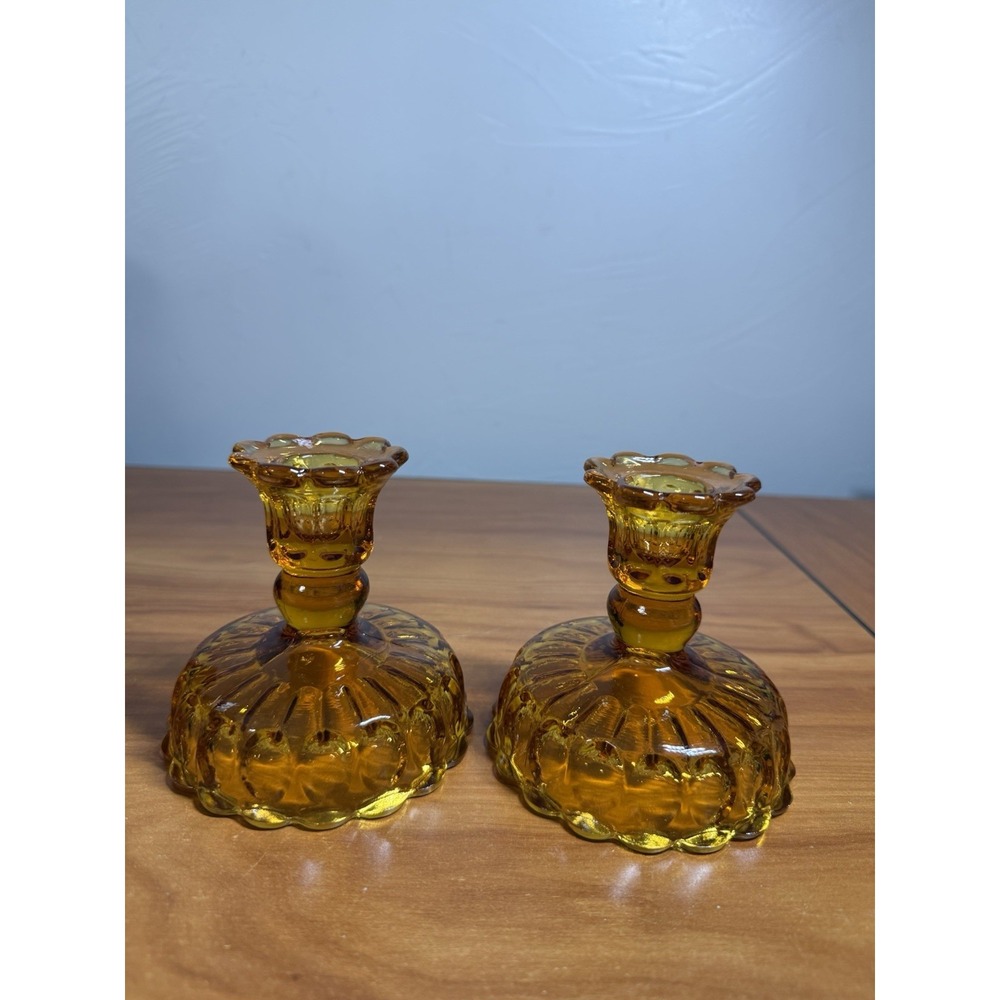 Pair- Vintage Fenton Glass Colonial Amber Thumbprint Reversible Candle Holders